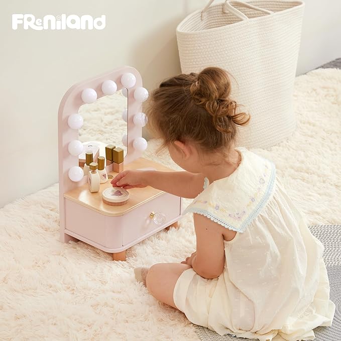 Freniland Wooden Toddler Vanity with Mirror and Light ,Kids Make Up Toy Set,11 Pcs Dressing Table Toy Includes Beauty Salon Set and Makeup Accessories,Pink Vanity for Girls Ages 3+