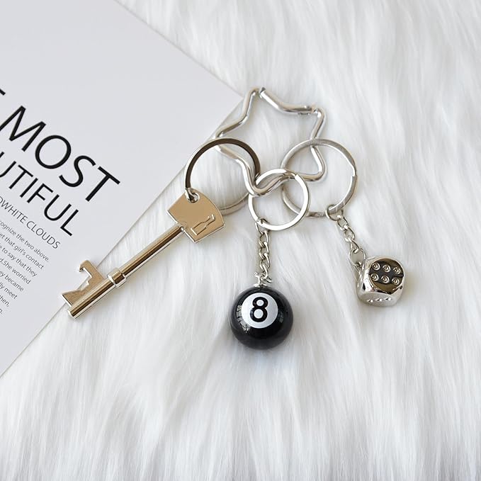8 Ball Keychain Silver Star Key Chain Bottle Opener Dice Cute Bag Charm Decor for Handbag Backpack Gift for Him Her