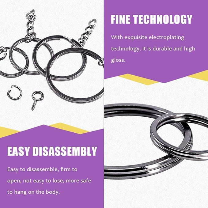 Swpeet 300Pcs Black Flat Key Chain Rings Kit, 100Pcs Keychain Rings with Chain and 100Pcs Jump Ring with 100Pcs Screw Eye Pins Bulk for Jewelry Findings Making - 4/5 Inch, 1 Inch, 6/5 Inch, 7/5 Inch