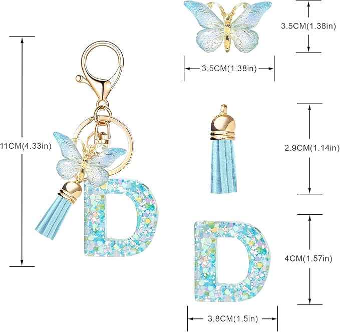 Fashion Alphabet Initial Letter Keychain Tassel Butterfly Pendant Key Ring for Purse Handbags Women Girl