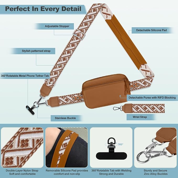 Clip and Go Strap for Phone with Wallet Crossbody, Adjustable Phone Lanyard with Detachable RFID Wristlet Wallet, Pattern Strap - Bronze(L)