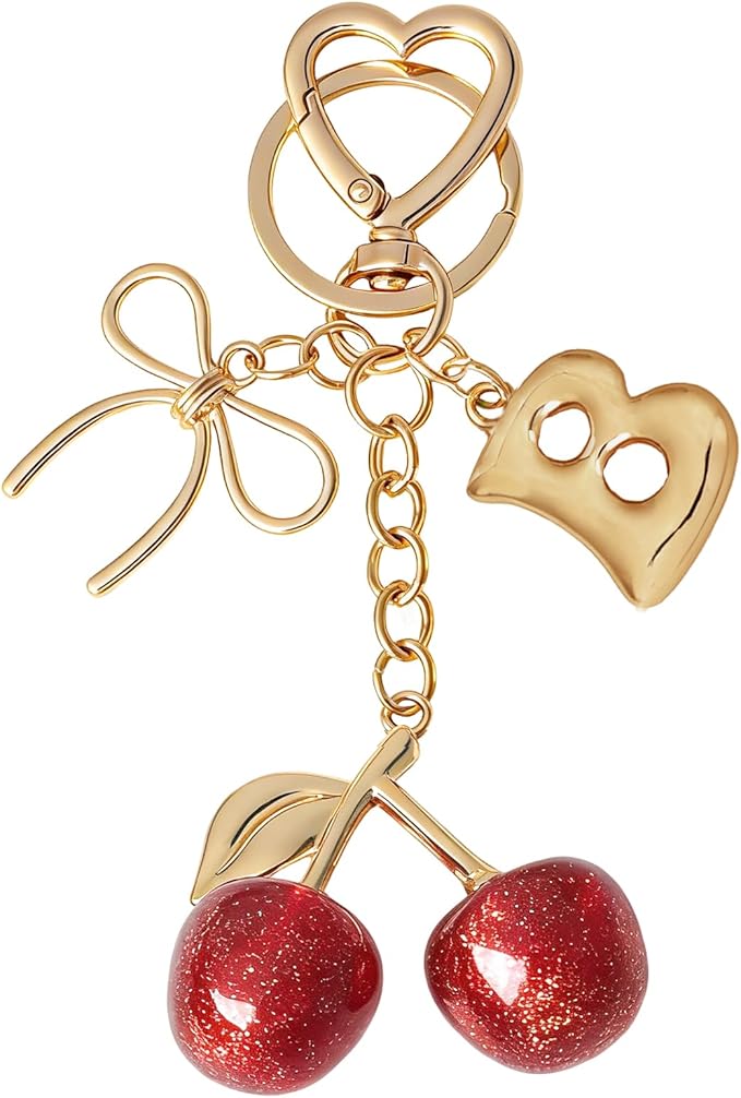 Snycler Bubble Initial Keychain with Cherry & Bow - Gold Letter Bag Charms for Women, Cute Purse Handbag Accessories