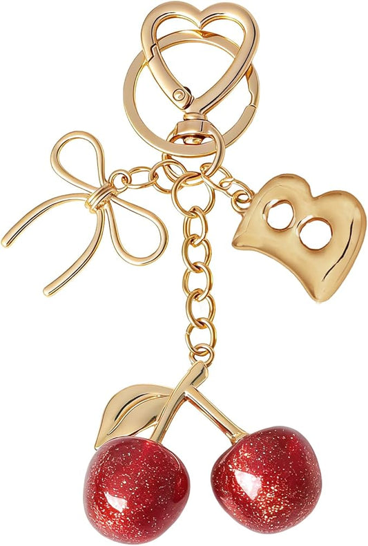 Snycler Bubble Initial Keychain with Cherry & Bow - Gold Letter Bag Charms for Women, Cute Purse Handbag Accessories