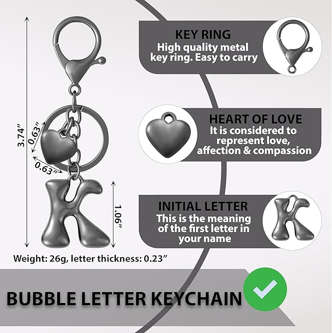 Heart Bubble Letter Keychain for Women, Girls - Cute Keychain with Initial - Alphabet Keychain for Bag Charm, Handbag