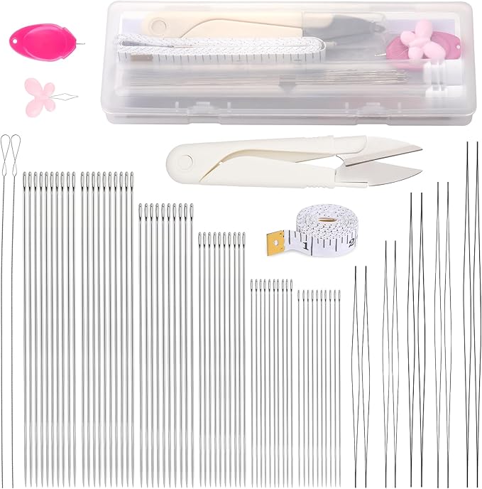 GarfxG 80 PCS Bead Needle Set, 60 PCS Straight Seed Beading Needles, 10 PCS Collapsible Big Eye Beading Needles w 2 PCS Twisted Bead Needles for Jewelry Making, Bead & Sequin Embroidery Crafting DIY