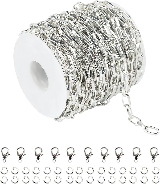 32.8 Feet Aluminum Flat Oval Silver Chains for Jewelry Making Unwelded Paperclip Link Cable Chain Spool Necklace Chains Bulk with Lobster Clasps and Jump Rings