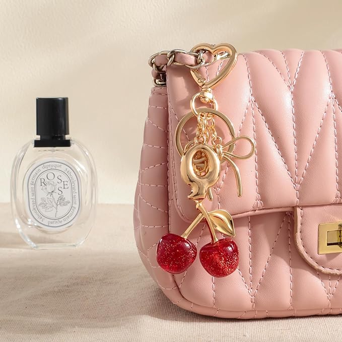 Snycler Bubble Initial Keychain with Cherry & Bow - Gold Letter Bag Charms for Women, Cute Purse Handbag Accessories