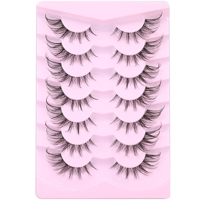 Manga Lashes Fox Eye False Eyelashes Natural Look Faux Mink Lashes Wispy Clear Band Spiky Cat Eye Strip Eyelashes Pack, 7 Pairs