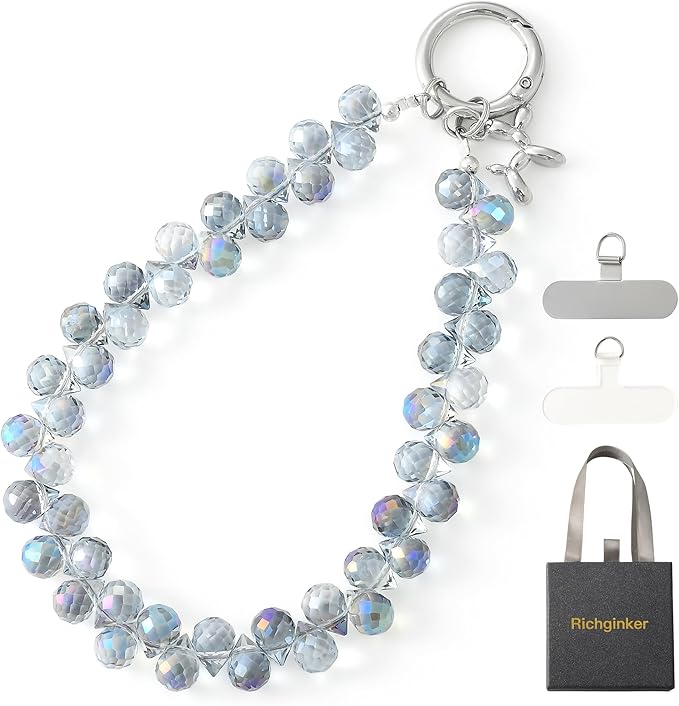 Crystal Phone Wrist Strap Phone Charm Chain Keychain Beaded Cellphone Lanyard with Tether Tab Hands-Free Wristlet Bracelet Wrist Grip Strap for Women, D-Light Blue