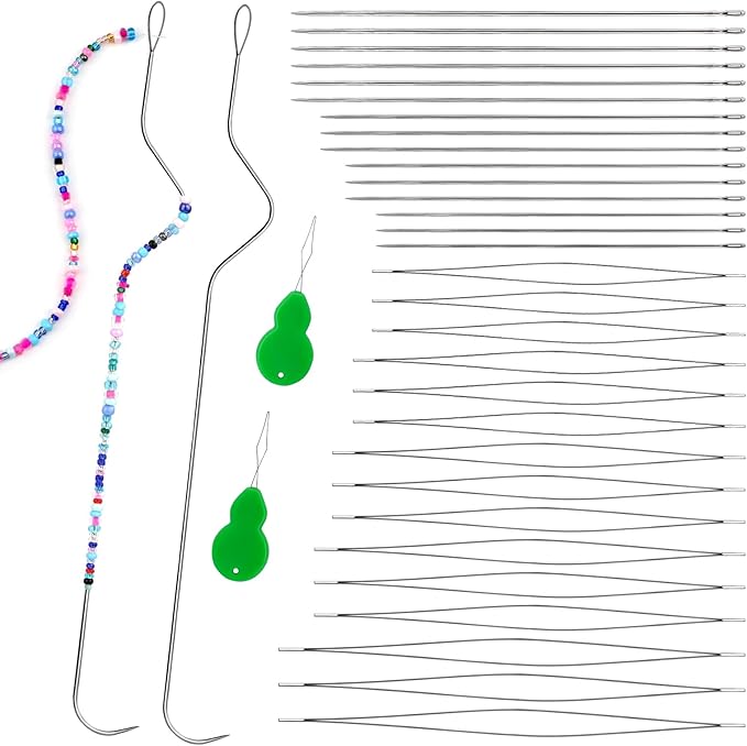 GarfxG 36 Pcs Beading Needles Set, 2 Bead Spinner Needles, 15 Big Eye Seed Needles, 15 Straight Beading Needles and Threaders for Beading, Sequin Embroidery Crafting DIY