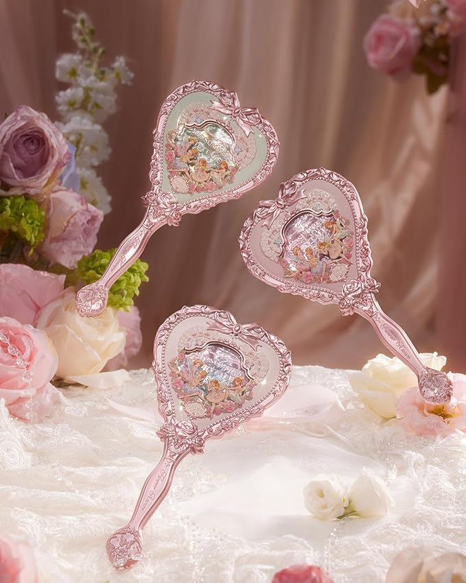 Flower Knows Midsummer Fairytales Hand Mirror,Vintage Heart Handheld Mirror,Fancy & Pretty Princess Handheld Mirror with Long Handle,Gift for Girls & Women(Tea Menthe)