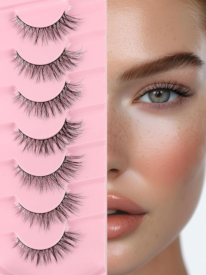 Eyelashes Natural Cat Eye Lashes 15mm Wispy Eyelashes Flared Fluffy Strip Lashes 0.1MM Thin Band False Eyelashes C Curl Lashes Siligli Eye Lashes Pack 7 Pair