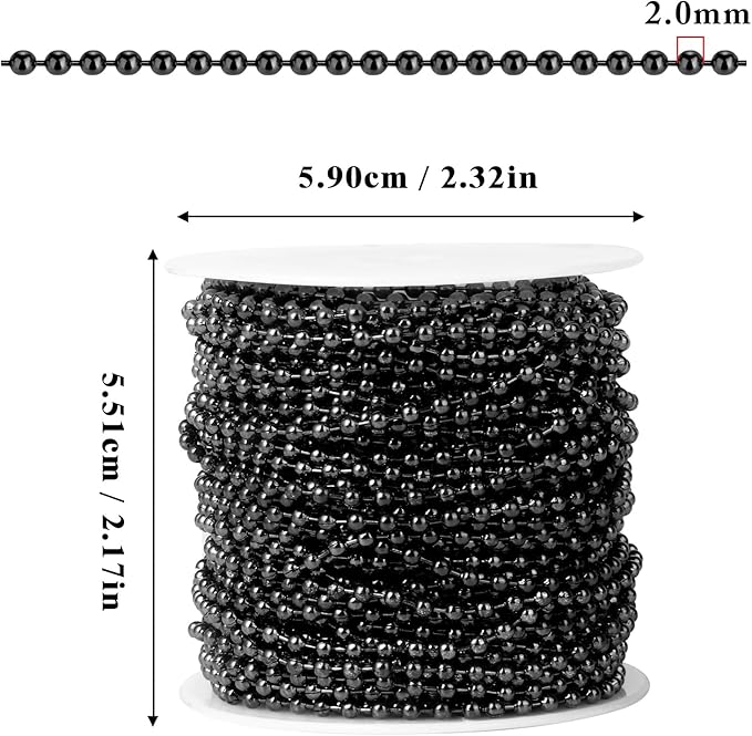 [50 Feet] Black Stainless Steel Ball Bead Chains Roll, 2mm Width 304 Stainless Steel Ball Chains Spool with 30 PCS Connectors Bulk for Jewelry Making