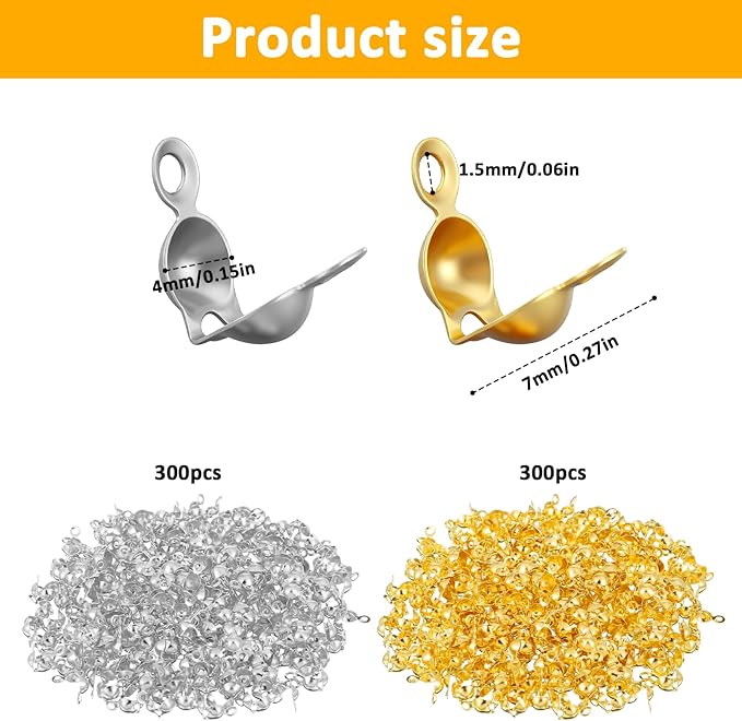 600 Pcs Metal Open Bead Tips Knot Covers, Crimp Covers, Crimping Beads End Caps, Bulk Clamshell Bead Tips for DIY Bracelet, Jewelry Making (Silver, Gold)