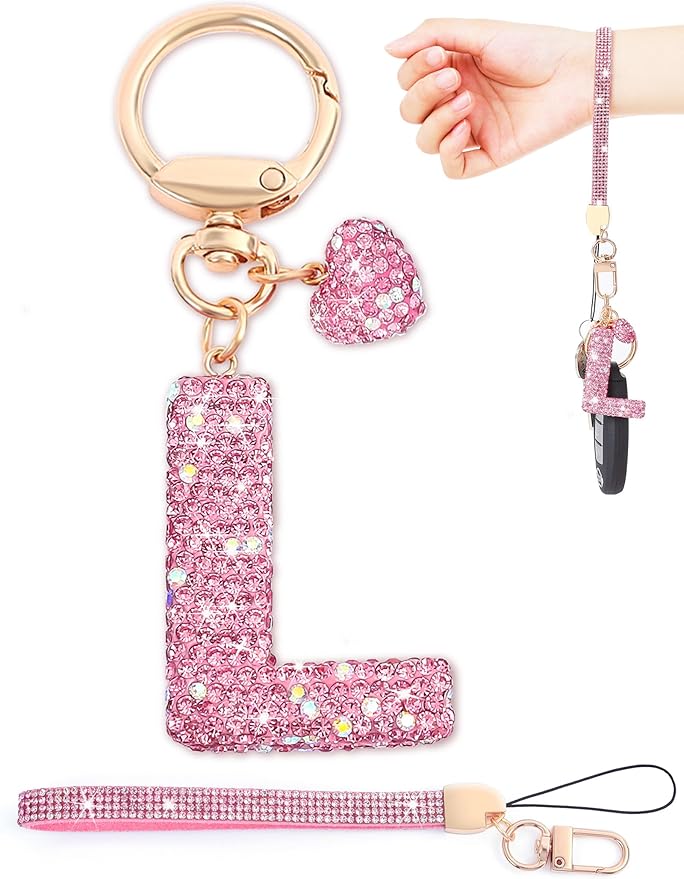 Initial Keychain for Women Girls,Bling Letter Key chain Initial with Heart,Pink Keychain Charms for Backpack Handbag