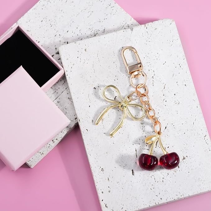 Tiny Cherry Keychain Cute Red Black Pink Cherry Key Chain for Women Glitter Small Bag Charms Car Keys Accessories