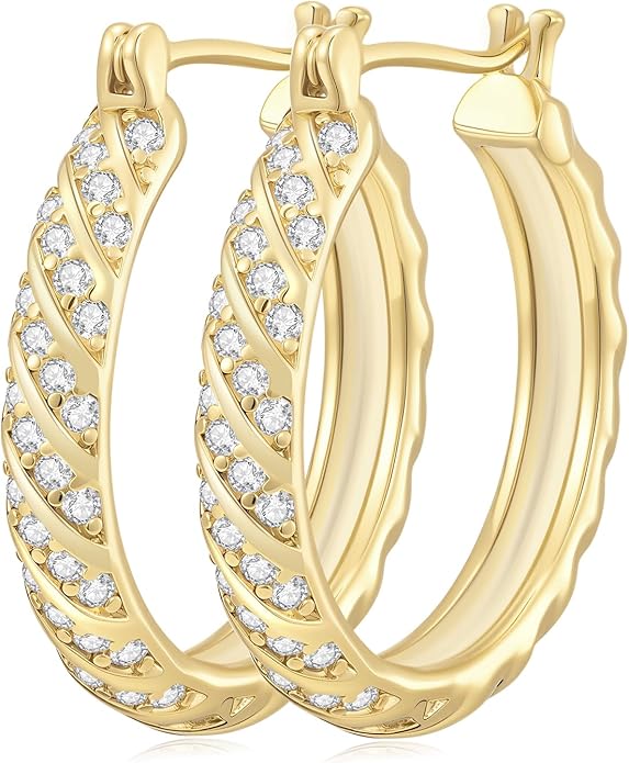 14K Gold Plated Hoop Earrings for Women 14K Gold Plated Earrings Jewelry Spiral Cubic Zirconia Thick Hoops Hypoallergenic Womens Huggie Earring 25/30MM