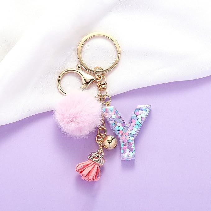 Resin Alphabet Initial Letter Keychain Keyring for Women Purse Handbags With Fur Ball Pom