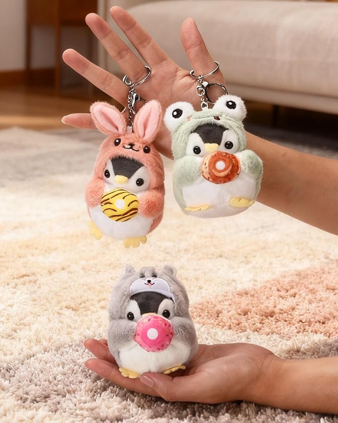 Penguin Plush Keychain Cute Stuff Cosplay Costume Change Clothing Donut Frog Unicorn Shiba Inu Bunny Tiger keyring
