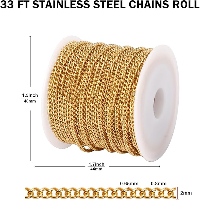 [33 FT] 18K Gold PVD Plated Curb Chains Bulk for Jewelry Making, 2mm 304 Stainless Steel Flat Twisted Links Curb Chains Roll Spool for Jewelry Making DIY Craft