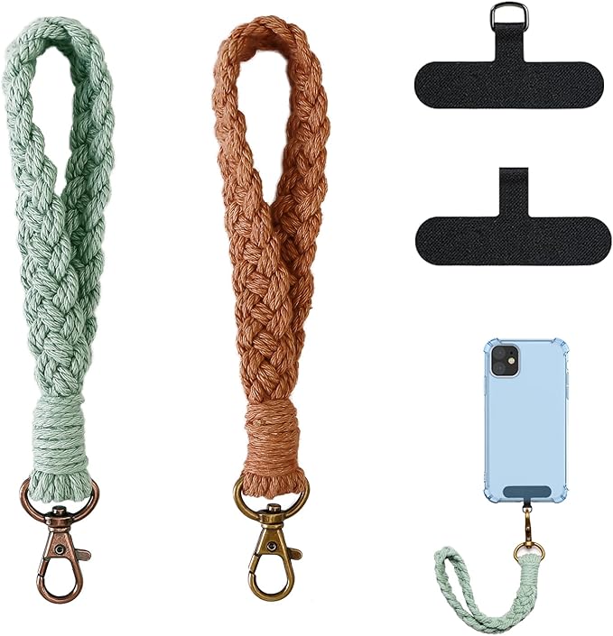 2 PCS Phone Wrist Strap, Cell Phone Lanyard, with 2× Phone Tether Tab, Handmade Macrame Keychain, Phone Case Wrist Lanyard for Women Girls(Coffee+Green)