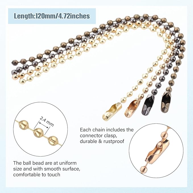 Hicarer 200 Pack Colored Bead Keychain Metal Hanging Chains Necklace Connector for Hanging Ornament Jewelry Tag (Metallic Color)