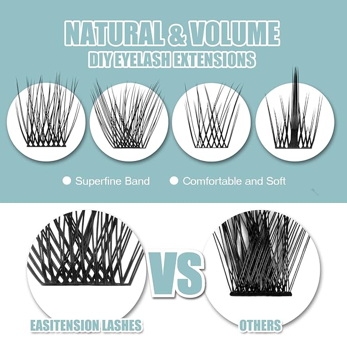 DIY Eyelash Extension, 3D Effect Glue Bonded Band Individual Lash 48 Clusters Volume Lashes Set, Home Eyelash Extension, C curl Lashes Pack 16MM-Volume-48 Clusters
