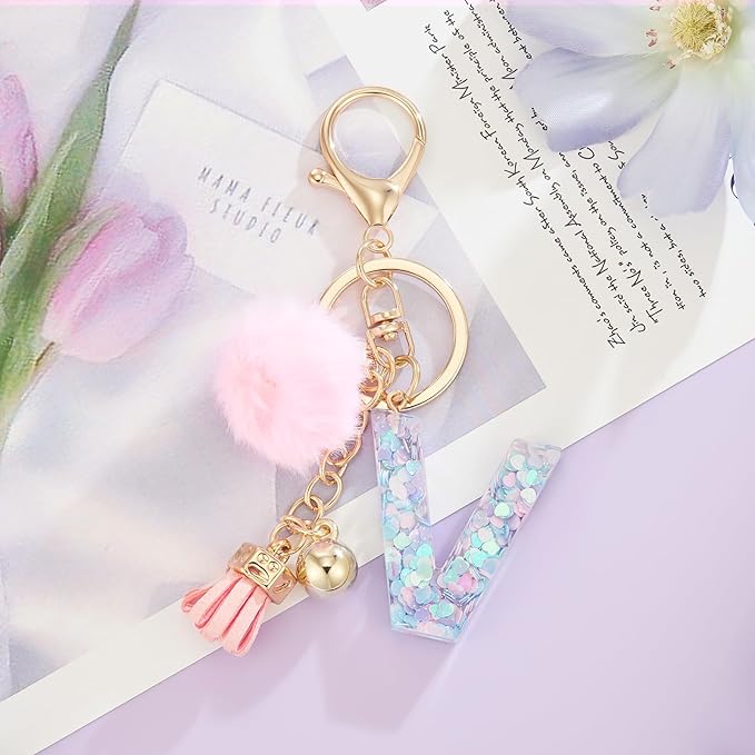 Resin Alphabet Initial Letter Keychain Keyring for Women Purse Handbags With Fur Ball Pom