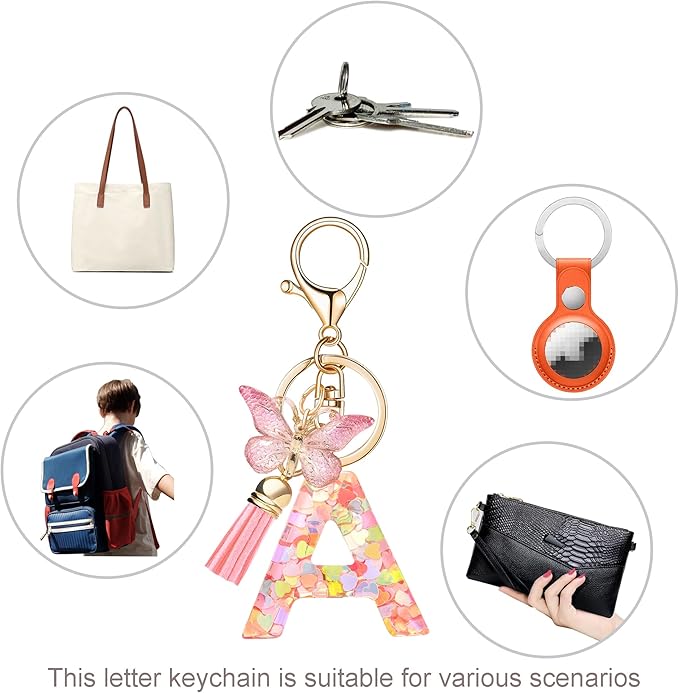 Fashion Alphabet Initial Letter Keychain Tassel Butterfly Pendant Key Ring for Purse Handbags Women Girl