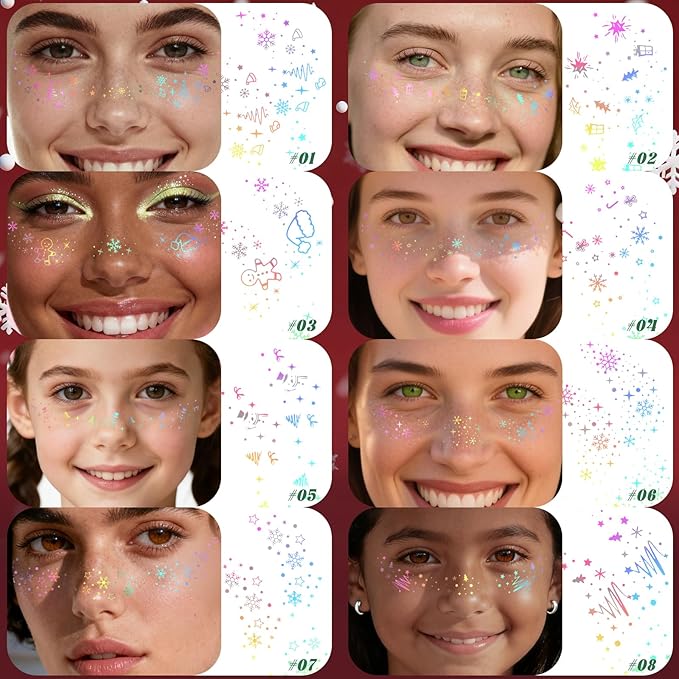 HOSAILY 10pcs Christmas Face Glitter Freckles Tattoo, Holographic Body Glitter Faux Freckle Stickers for Women Girls, Sparkle Star Speckles Makeup Patches for Concert Festival Rave Cosplay Accessories