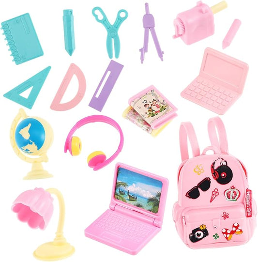 FAVOMOTO 18PCS Mini Doll School Supplies, Kids Dolls Dollhouse Accessories with Backpacks Rulers Desk Lamps Laptops Miniature Plastic Stationery Set for Dollhouse DIY Crafting School Playsets