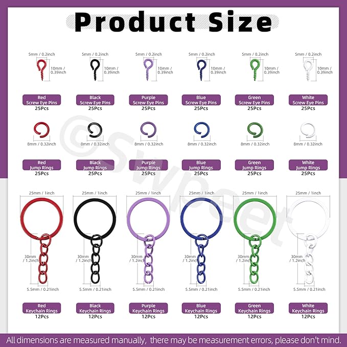 Swpeet 372Pcs 6 Colors 25mm - 1Inch Key Chain Rings Kit, Includes 72Pcs 25mm Keychain Rings with Chain, 150Pcs Open Jump Ring and 150Pcs Screw Eye Pins for DIY Crafts and Jewelry Making