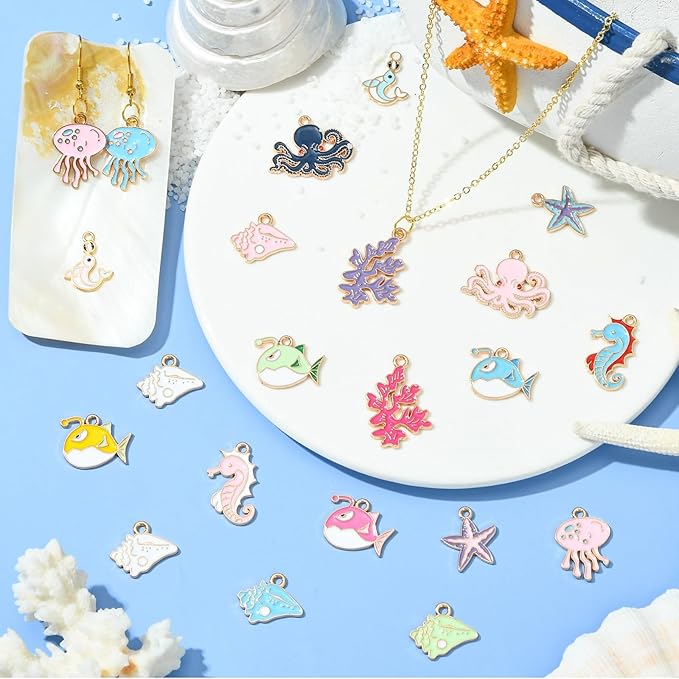 Stiesy 100 Pcs 20 Styles Sea Animal Enamel Metal Charm Pendant Starfish Shell Fish Sea Horse Ocean Animals Alloy Charms Bulk for Jewelry Making DIY Bracelet Earring Necklace Crafting