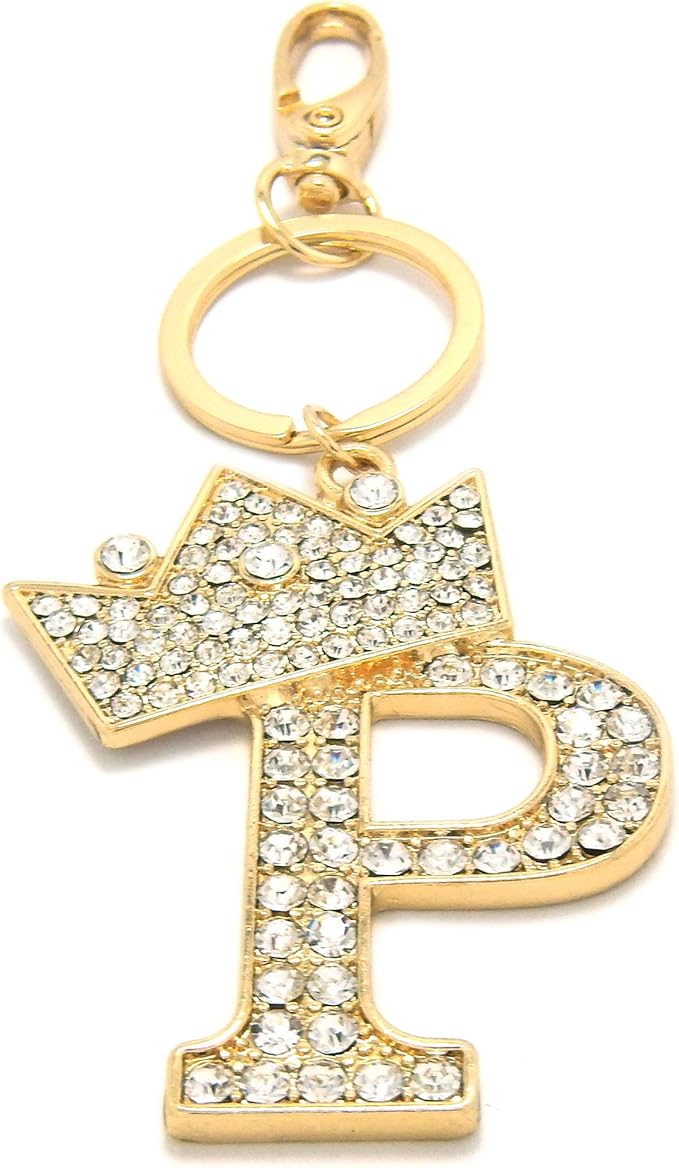 CBC Crown Crystal Rhinestone Letter Initial Keychain, Gold Metal, Bag Charm with Key Ring Approx. 2.17" x 2.56"