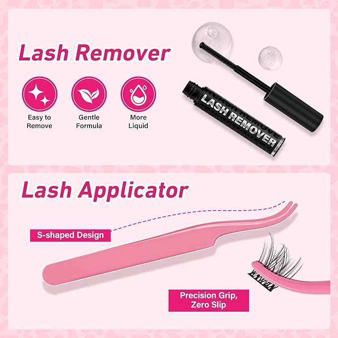 Natural Lash Extension Kit Wispy Lash Clusters Kit Lash Clusters Lash Bond Remover Eyelash Applicator Beginner DIY Lashes Kit Easy to Use(Luna,8-16mix)