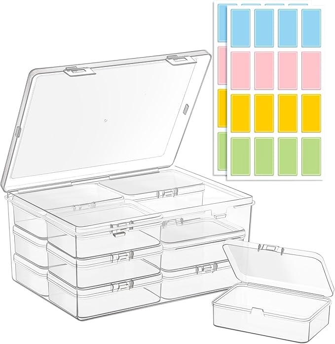 Medium Plastic Organizer Boxes, 12 Clear Containers with Hinged Lids, for Beads, Jewelry, Crafts, Electronics, Hardware, School Supplies (32 Labels)