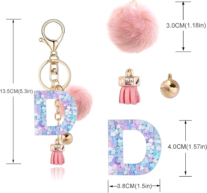 Resin Alphabet Initial Letter Keychain Keyring for Women Purse Handbags With Fur Ball Pom