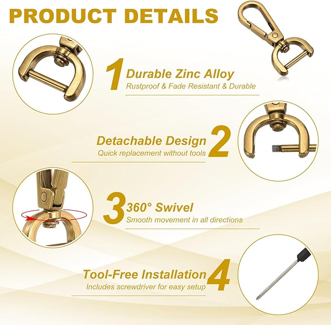 YELARXI Swivel Clasps Hook, 5/8 Inch ID Detachable Snap Hook W/Screw Bar D Ring Claw Clasp with Screwdriver Fit for Lanyard Bag Leather Craft Purse Hardware DIY Bag (4 Pack, Dark Gold)