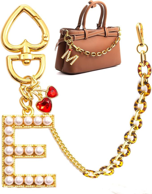 Pearl Initial Keychain with Leopard Bag Charms Wallet Chain Women Cute Alphabet Keychains Charm for Purse Handbag