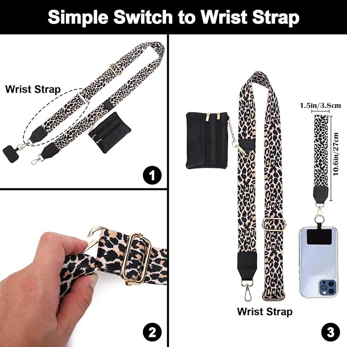 XANGNIER Clip and Go Strap for Phone with Wallet Crossbody,Phone Strap with Zippered Wallet, Adjustable Anti Theft Cellphone Lanyard for Women, Cellphone Chain Accessories,Leopard