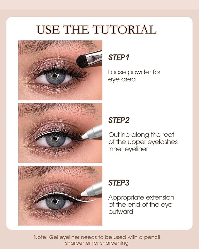White Waterproof Gel Eyeliner Pens, Highlighter Eye Liner Pencil, Matte Long Lasting Super Smooth formula Eye Liner Eyeshadow Makeup Pen, Polished White Luster, with Pencil Sharpener-1Pcs