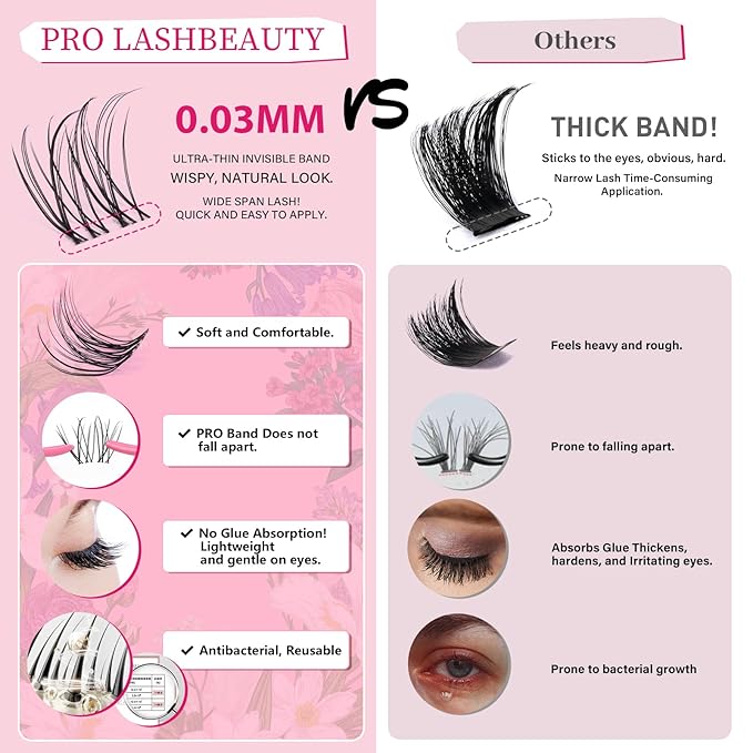 PROLASHBEAUTY Natural Lash Clusters Kit Wispy Lash Clusters Venus Ultra Thin Invisible Band Eyelash Clusters Kit Used 10 times with Clear Lash Bond and Seal Tweezer Remover (Venus Kit, 8-16mix)