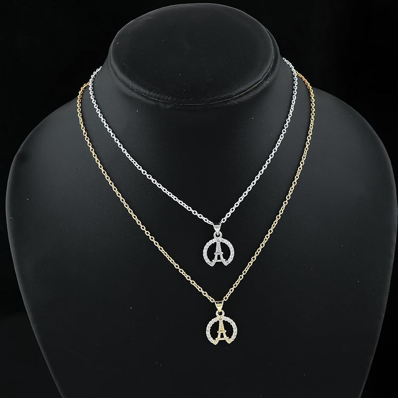 JOR Eiffel Tower Charm Pendant Necklace, Relationship Goal, CZ, Women Jewelry, Dainty Gold & Silver Plated Combo Chain 18 inch (Pack of 2)