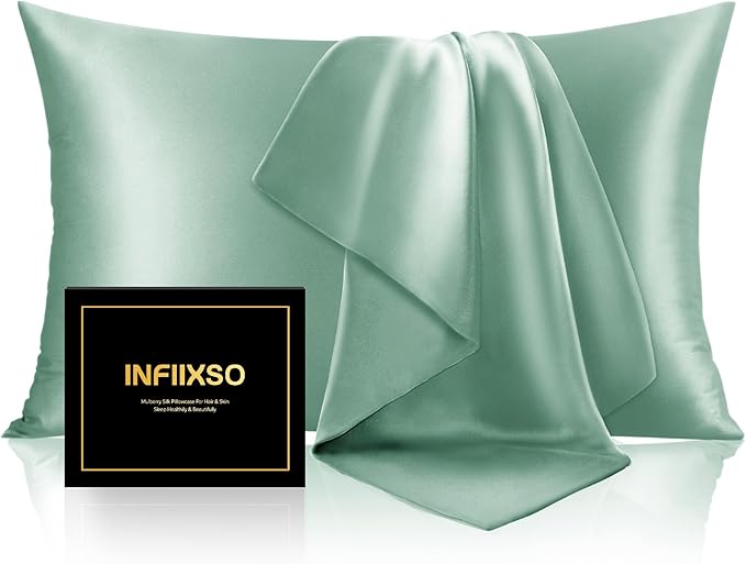 INFIIXSO Mulberry Silk Pillowcase for Hair and Skin, Silk Pillow Cases Queen Size with Hidden Zipper 20x30 Inches, Super Smooth and Soft Cooling Pillow Cases for Hot Sleepers(Mint Green, 1 Pack)