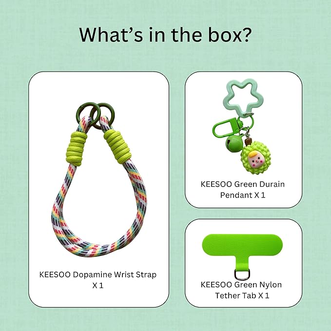 Dopamine Vibes Universal Wrist Strap - Korean-Style Short Phone Lanyard with Cute Green Durain Charm, 7mm Rope, Trendy Anti-Theft Tether for Girls, Includes Pendant & Nylon Phone Tab