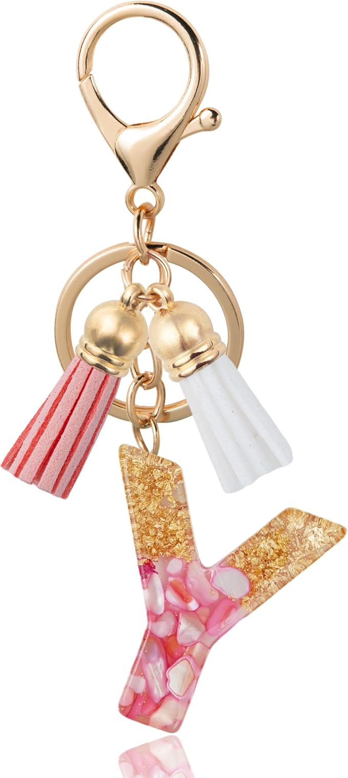 Initial Letter Keychain Cute Resin with 2 PU Tassel, Letter Keychain for Backpack Charms, Initial Keychains for Women