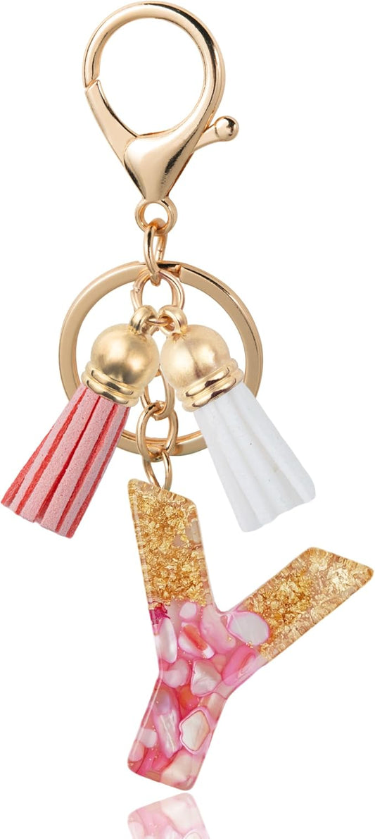Initial Letter Keychain Cute Resin with 2 PU Tassel, Letter Keychain for Backpack Charms, Initial Keychains for Women