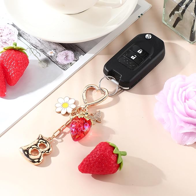Strawberry Initial Keychain for Women-Cute Kawaii Gold Alphabet Bag Charms, Key chain Gift for Purse Handbag