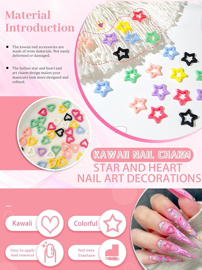 160Pcs Kawaii Nail Charms, CYHYII 3D Heart Stars Colorful Resin Nail Art Charm Acrylic Cute Love Nail Gems for Women Girls Nail Decorations DIY Manicure Craft Jewelry