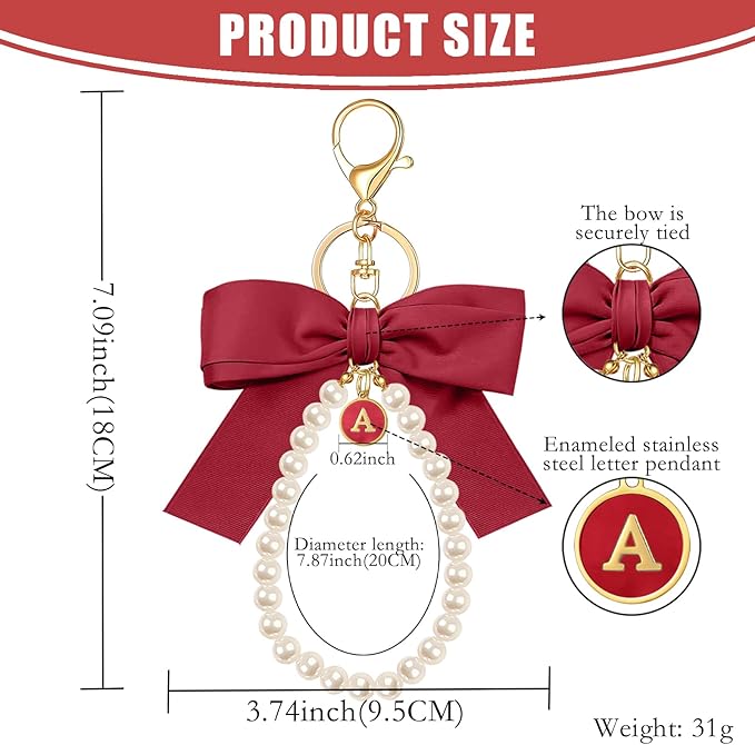 XGALBLA Initial Letter Cute Coquette Bow Keychain for Women, Wristlet Simulated Pearl Keychains Bag Charms for Handbags